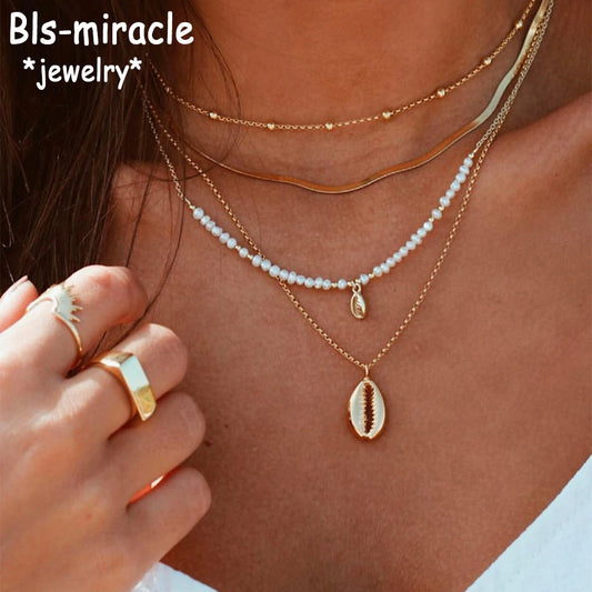 Boho Fashion Pendant Necklaces For Women Vintage Gold Color Faux Pearl Snake Chain Shell Necklace Multilayer Female Jewelry Gift