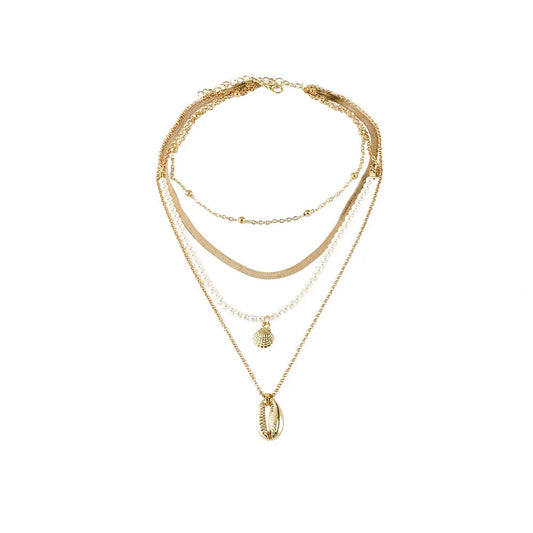Boho Fashion Pendant Necklaces For Women Vintage Gold Color Faux Pearl Snake Chain Shell Necklace Multilayer Female Jewelry Gift