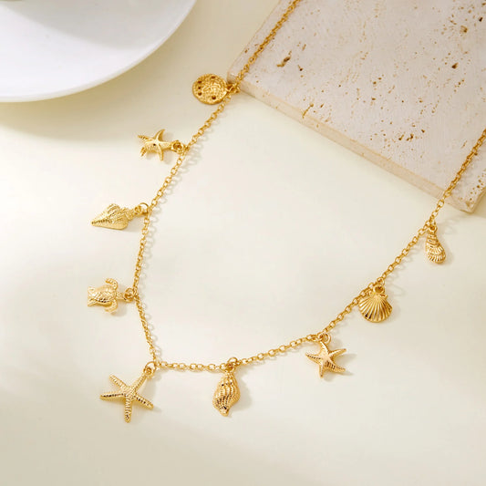 Bohemian Starfish Shell Conch Turtle Pendant Necklace for Women Imitation Pearl Charm Chain Necklace Beach Jewelry Vacation Gift