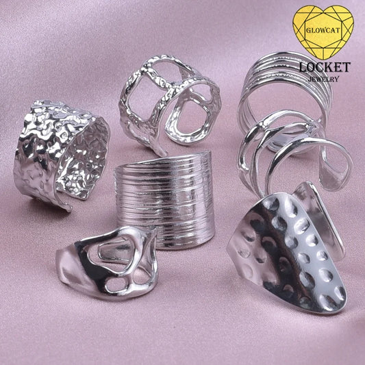 1Pc Stainless Steel Waterproof Women Personality Textured Chunky Open Rings Vintage Hollow Irregular Multi-layer Anillos Jewelry