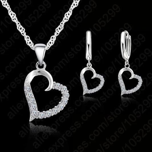 Classic Cubic Zircon Heart Pendant Jewelry Set 925 Sterling Silver Necklace/Earring Women Wedding Sets